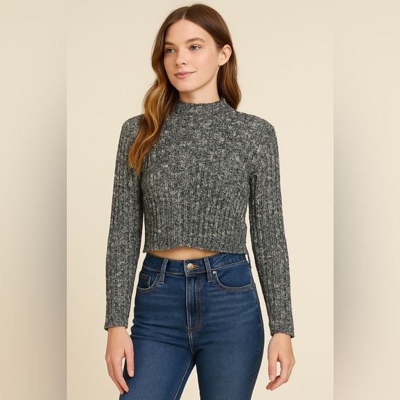 Böhme Miou Muse Marled Ribbed Knit Cropped Sweater Black White M NWT - Picture 1 of 8